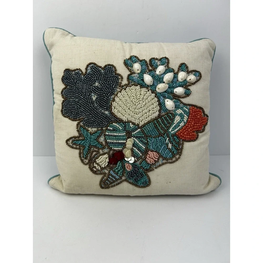 Pier 1 Imports Coastal Beaded Sea Shells Throw Cushion Pillow Decorative 14